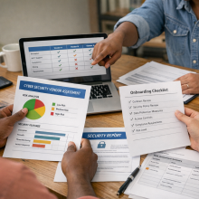 Small business team in a bright, practical office space reviewing cyber security vendor documents.